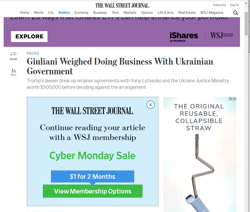 Image of the Wall Street Journal paywall message inviting the reader to subscribe to the Wall Street Journal in order to be able to read the linked article.