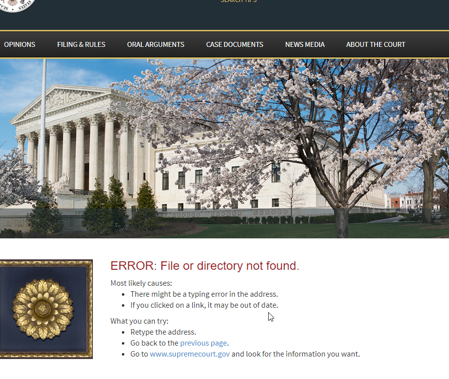 The error landing page of the Supreme Court of the United States website.