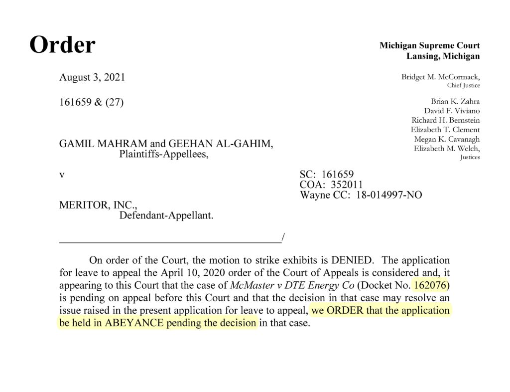 Image of a typical Michigan Supreme Court order issued in a case, ordering that it be abeyed, while the court first considers and decides a possible similar case.