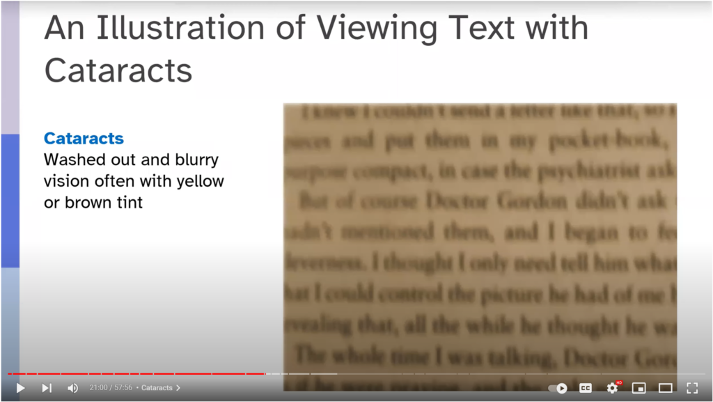 An illustration of viewing text with cataracts. Washed out and blurry vision often with yellow or brown tint.