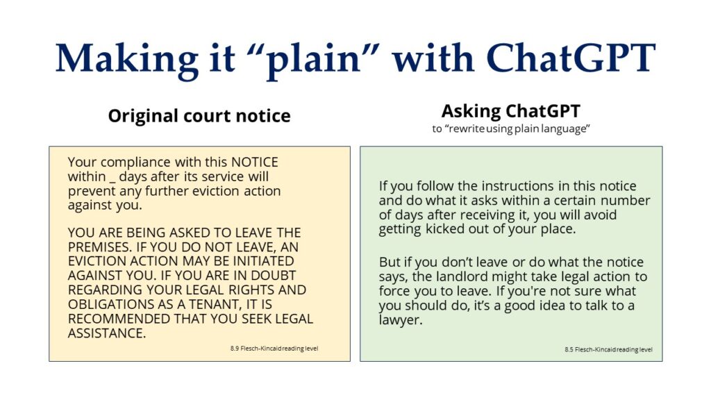 Side-by-side text comparison. On the left side is the original court notice. On the right side is the notice rewritten using ChatGPT. The text is included in the post.