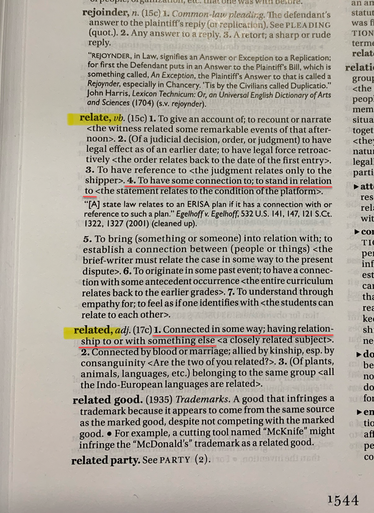 An annotated excerpt of the terms "relate" and "related" from the 12th Edition of Black’s Law Dictionary.