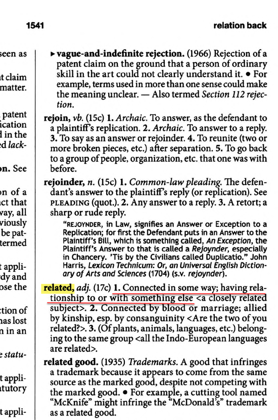 An annotated excerpt of the terms "relate" and "related" from the 11th Edition of Black’s Law Dictionary.